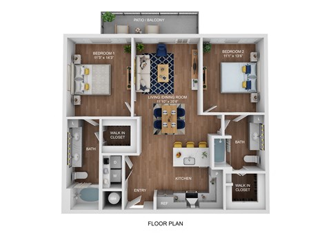 Floor plan for 2 beds, 2 baths, 1134 sqft